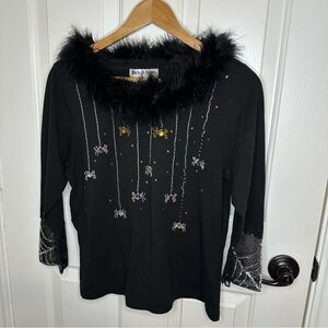 VTG Jack B. Quick Black Beaded Lace Spider Halloween 3/4 Sleeve Blouse Sz L